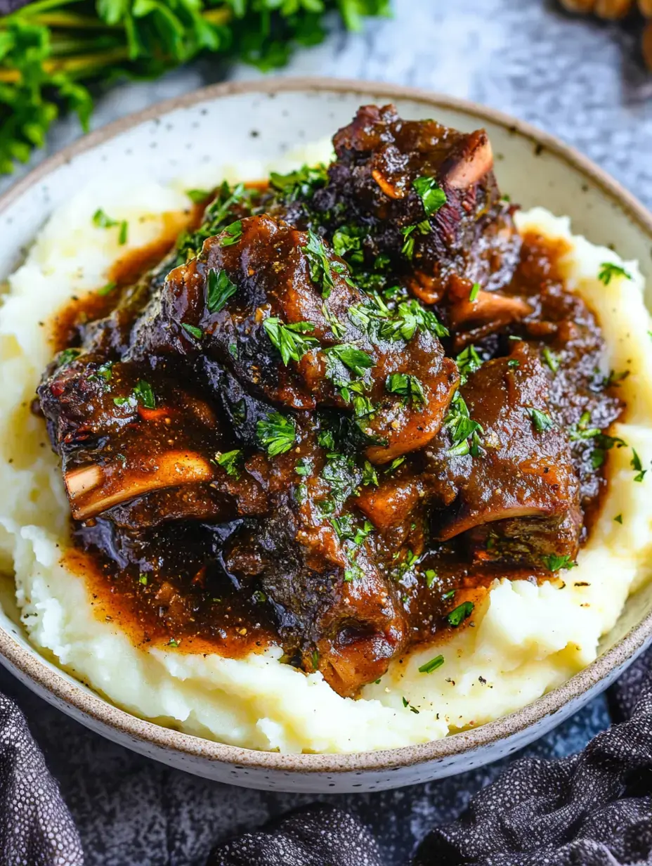 A bowl of creamy mashed potatoes topped with tender, stewed beef in a rich gravy, garnished with fresh parsley.