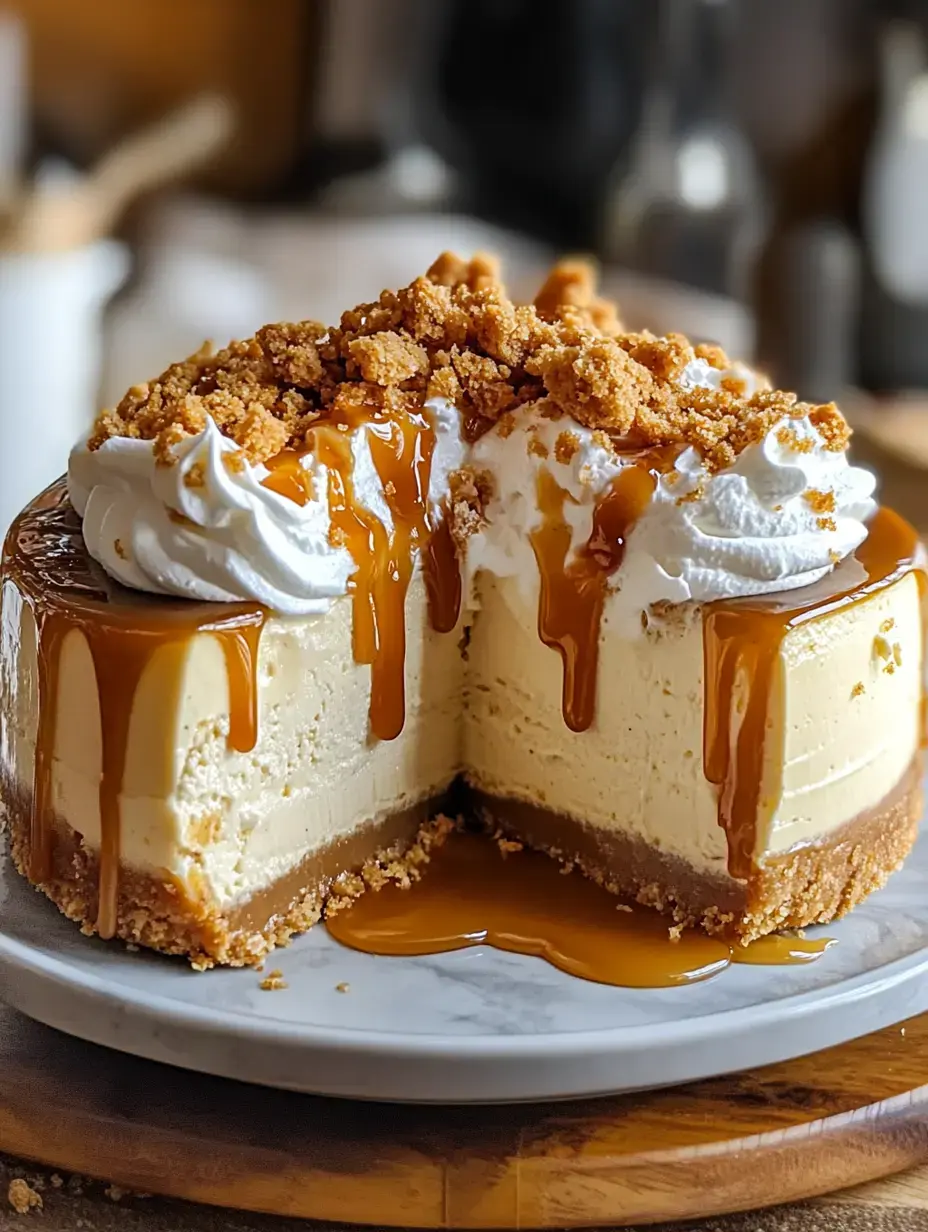 A delicious cheesecake with a caramel drizzle, topped with whipped cream and crumbled toppings, is partially sliced on a white plate.