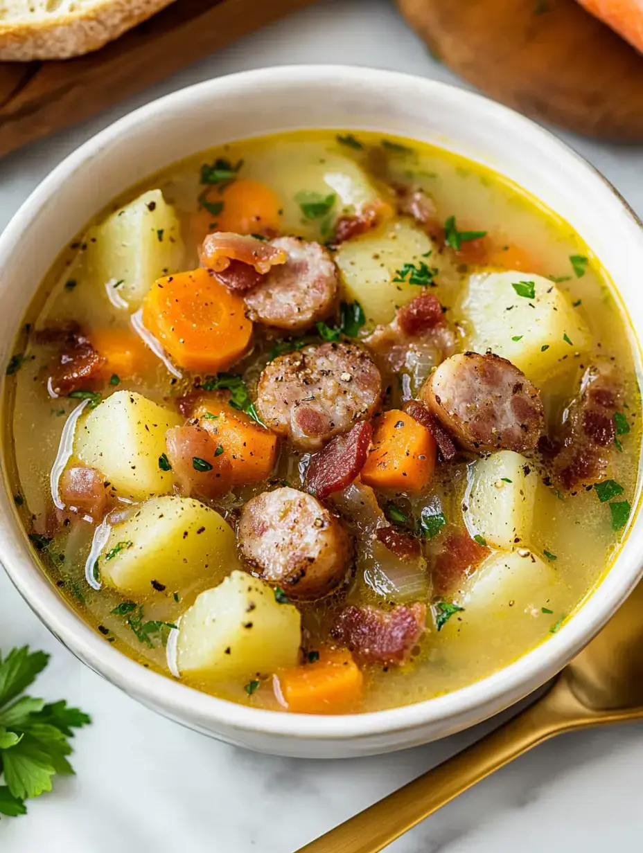 A bowl of hearty sausage and vegetable soup featuring potatoes, carrots, and herbs, served with a gold spoon.