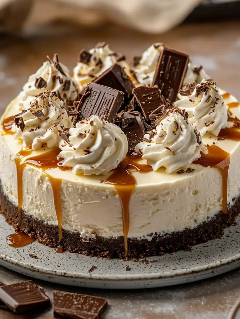 A decadent cheesecake topped with whipped cream, chocolate pieces, and caramel sauce, sitting on a decorative plate.