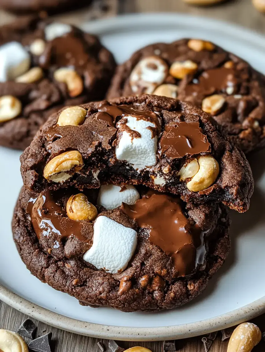 A close-up of chocolate cookies topped with marshmallows and cashews, with one cookie broken in half to reveal the gooey chocolate inside.