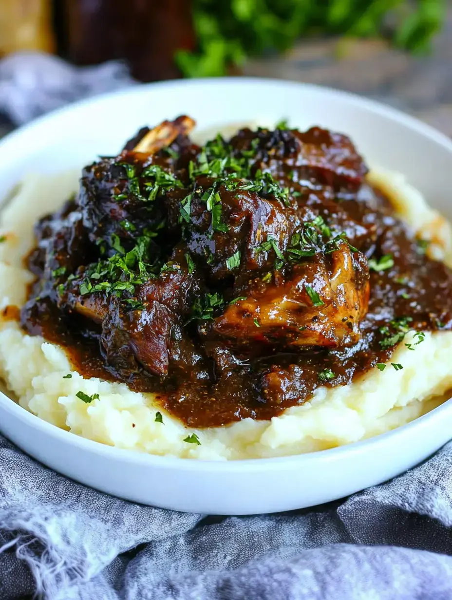 A bowl of creamy mashed potatoes topped with tender meat in a rich brown sauce and garnished with chopped parsley.