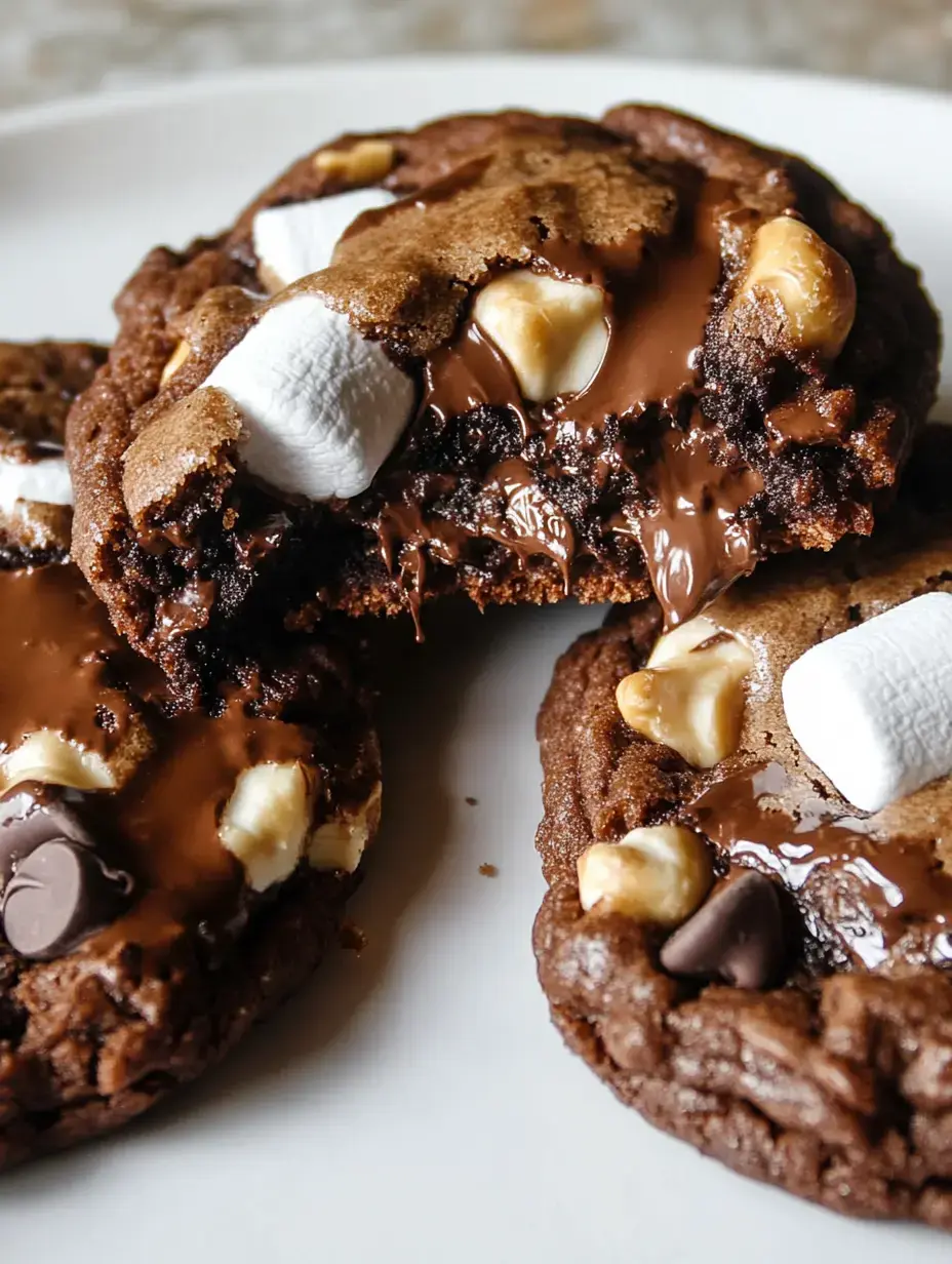 A close-up of gooey, chocolate chip cookies with melted chocolate and marshmallows on top, resting on a white plate.