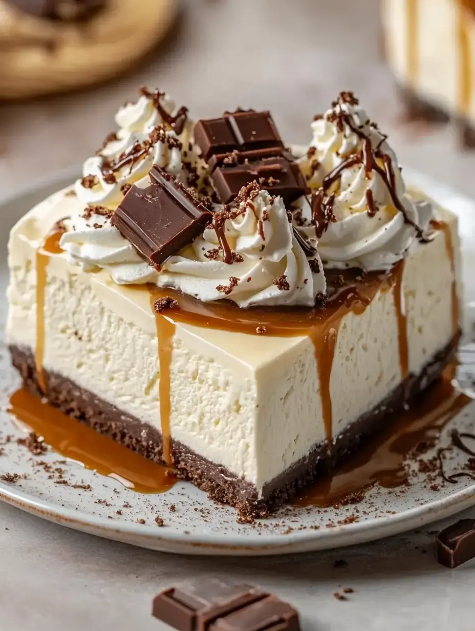A creamy cheesecake topped with whipped cream, drizzled with caramel, and garnished with chocolate squares, served on a plate.