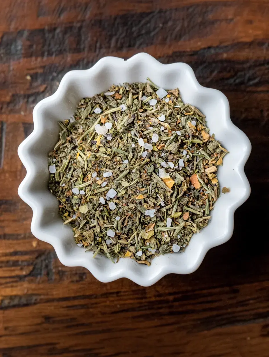 A white dish filled with a blend of dried herbs and coarse salt, set on a wooden surface.