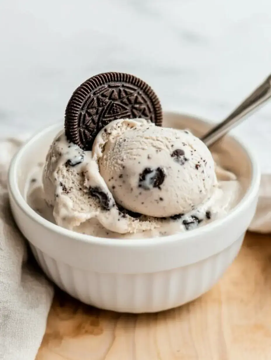 A bowl of cookies and cream ice cream topped with an Oreo cookie and a spoon.