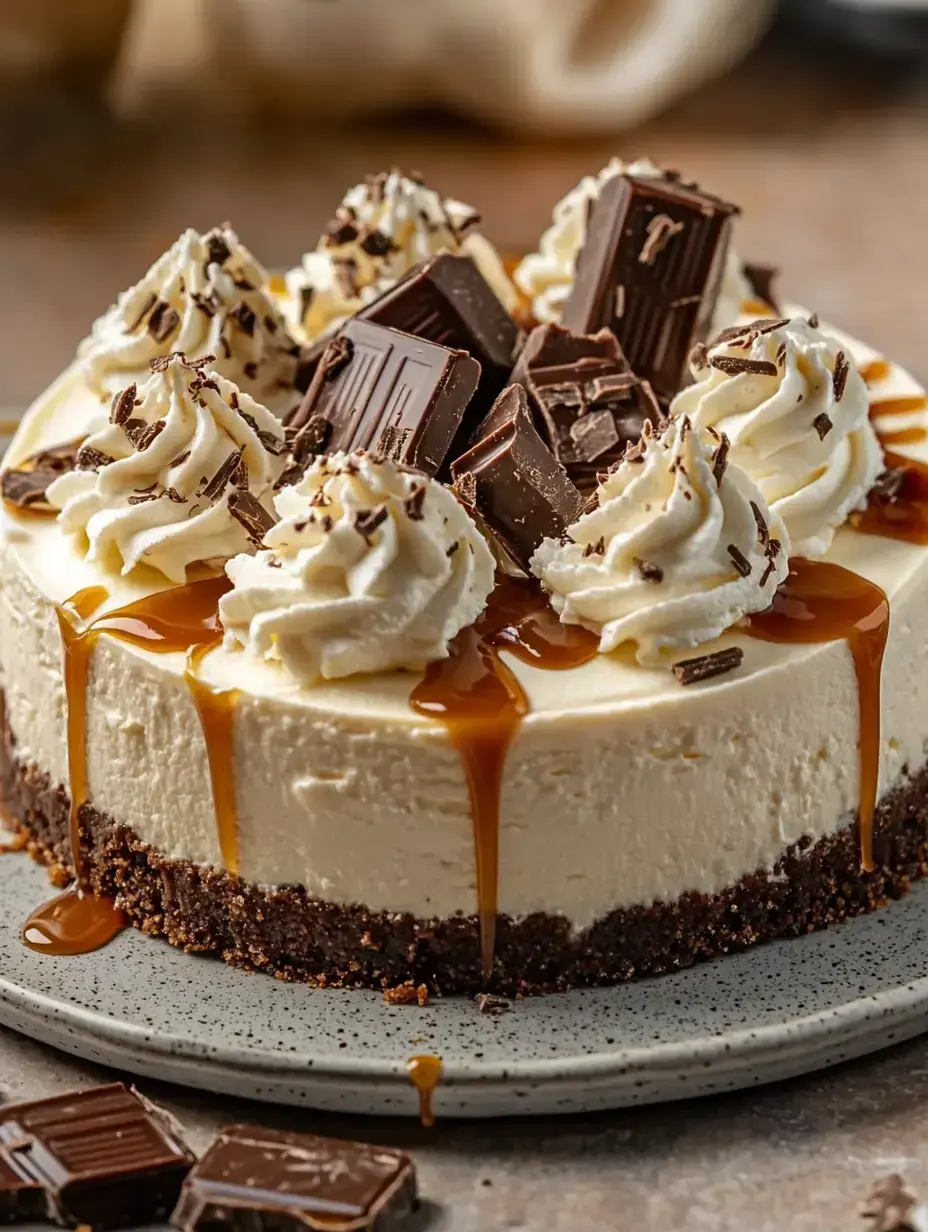 A delectable cheesecake topped with whipped cream, chocolate chunks, and caramel drizzle, resting on a textured gray plate.