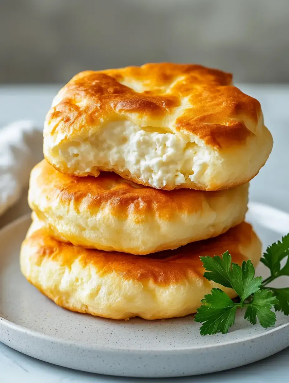 Three golden, flaky cheese pastries stacked on a plate, one with a bite taken out of it, accompanied by a sprig of parsley.