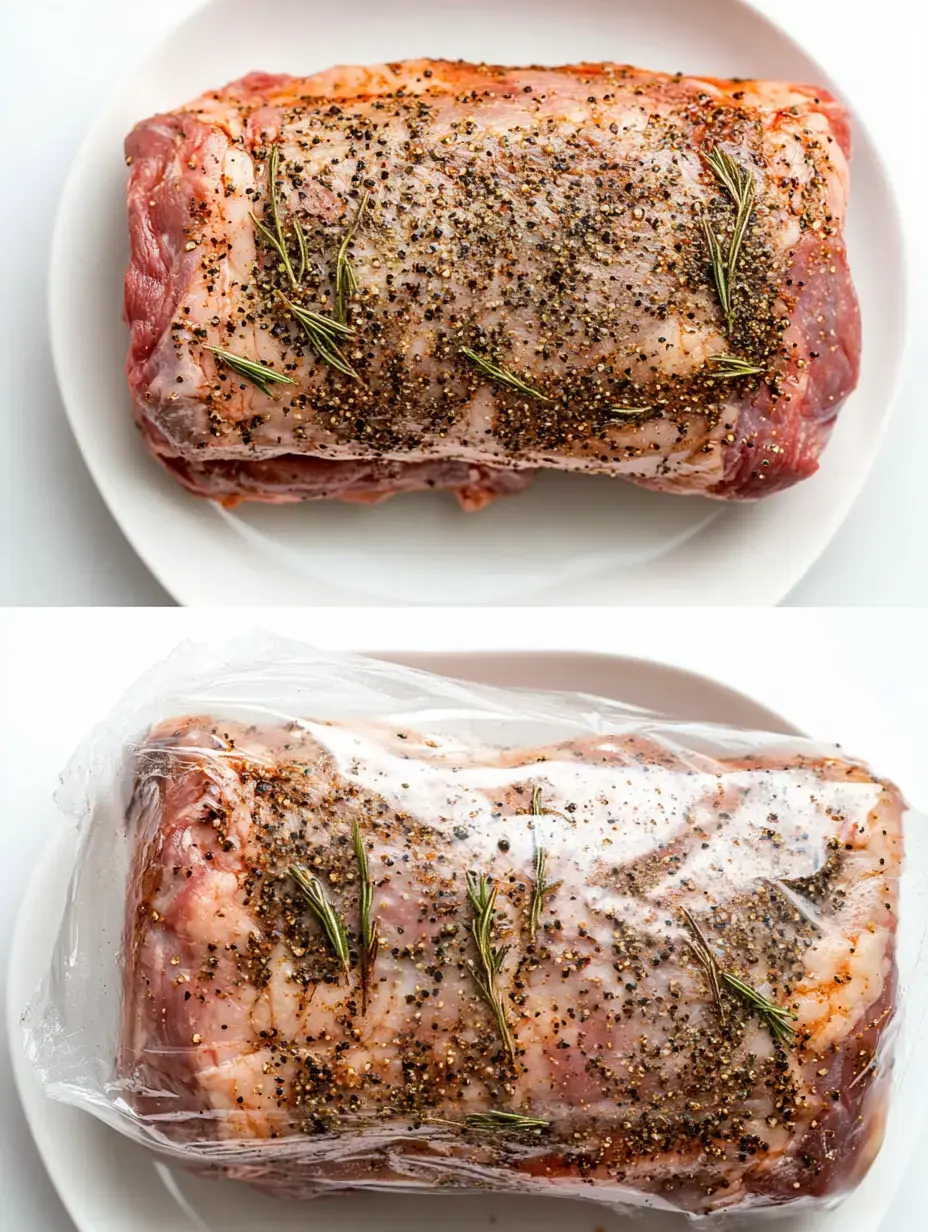 A seasoned meat roast with rosemary and black pepper is displayed on a plate, both uncovered and wrapped in plastic.