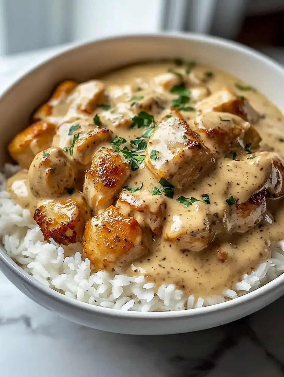 Rice in a bowl topped with chicken chunks in smooth sauce, finished with green parsley bits.