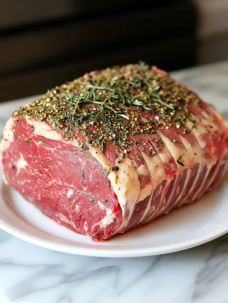 A seasoned raw beef roast is displayed on a white plate against a marble countertop.