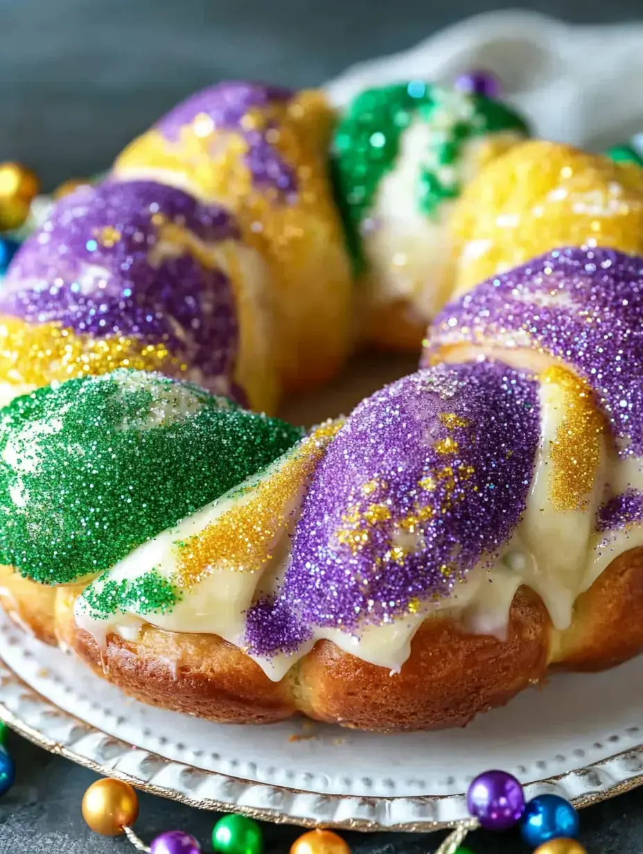 A colorful braided dessert topped with purple, green, and yellow sprinkles, arranged on a decorative plate with Mardi Gras beads nearby.