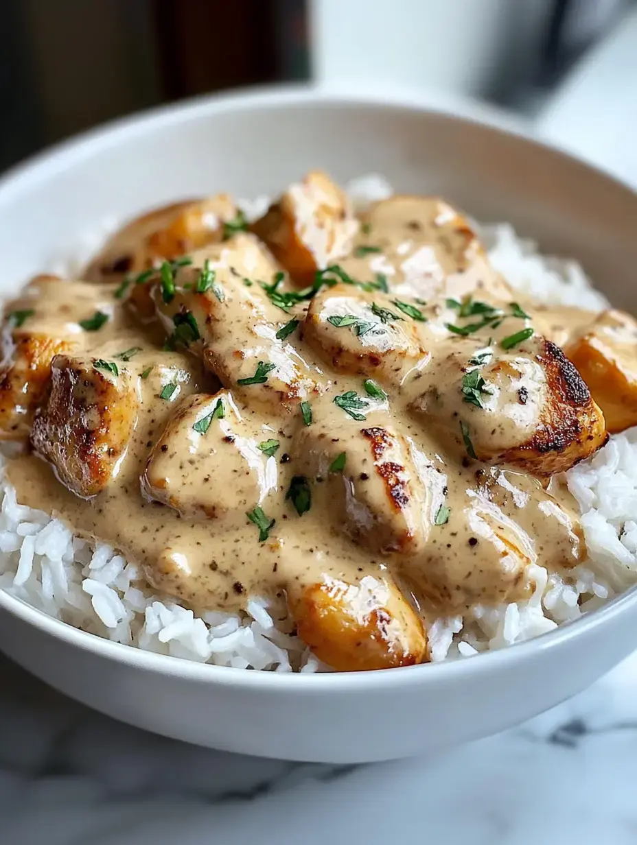 White rice topped with chicken pieces smothered in creamy sauce and sprinkled with fresh herbs.