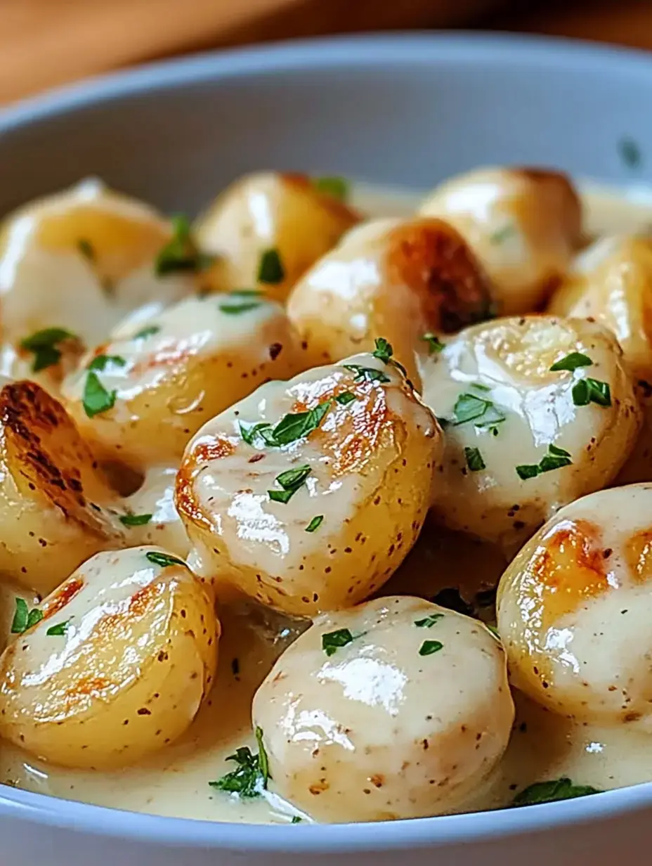 A dish of golden-brown potatoes smothered in velvety sauce with fresh parsley sprinkled on top.