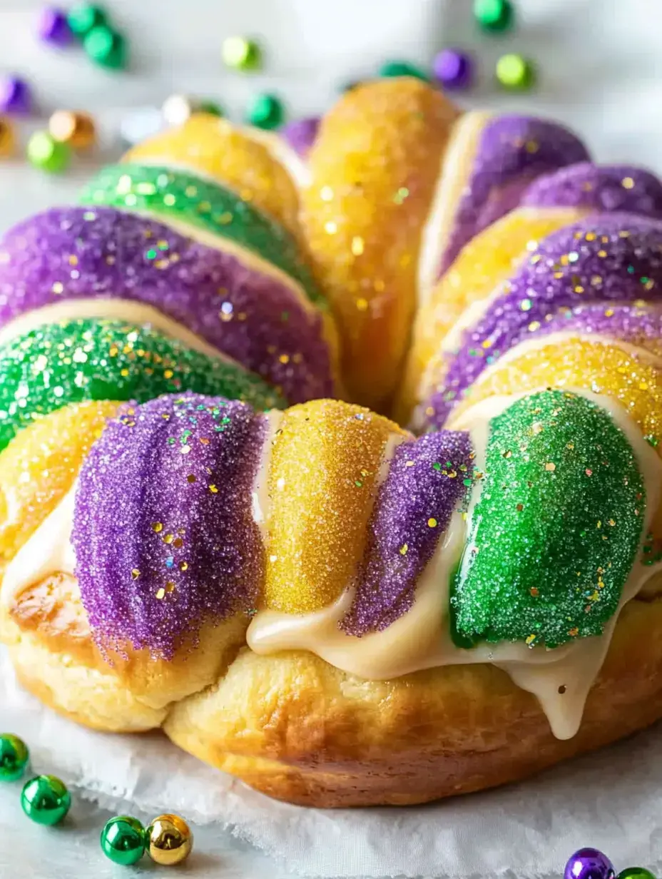 A colorful king cake decorated with purple, green, and gold sugar, surrounded by festive beads.