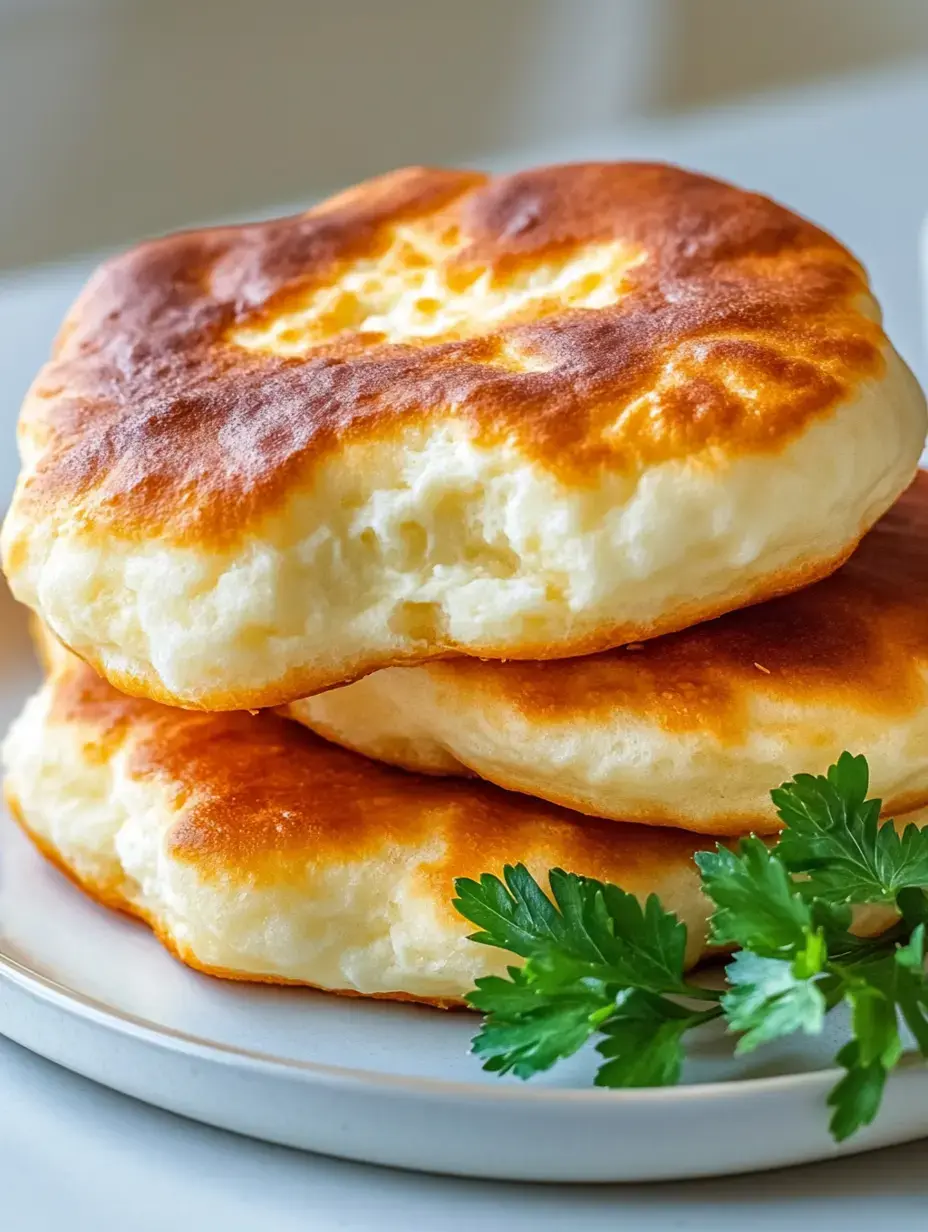 Three golden-brown, fluffy flatbreads are stacked on a white plate, accompanied by a sprig of fresh parsley.