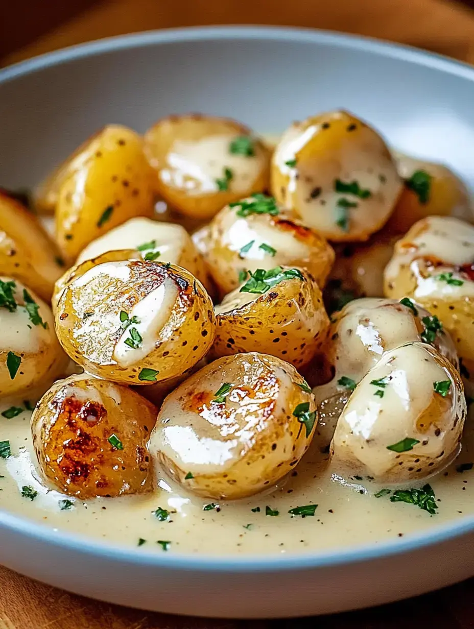A serving of golden baby potatoes covered in silky sauce with fresh green herbs scattered on top.