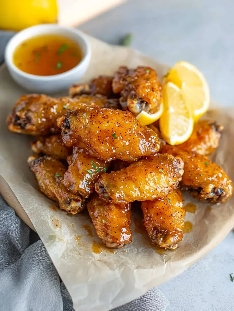A plate of glazed chicken wings garnished with lemon slices and served with a small bowl of dipping sauce.