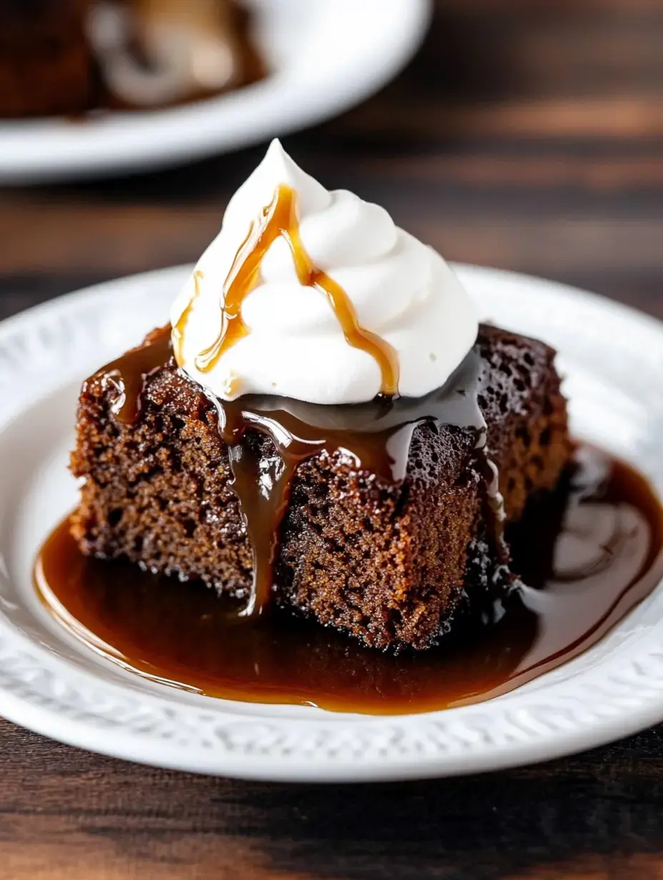 A piece of juicy chocolate dessert with fluffy cream topping and caramel drizzle served on a fancy plate.