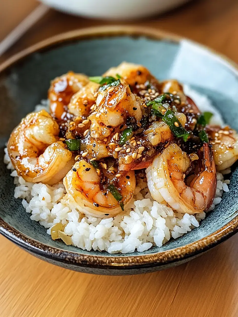 A white rice bowl topped with glossy-sauced shrimp garnished with green onion slices and sesame seeds.