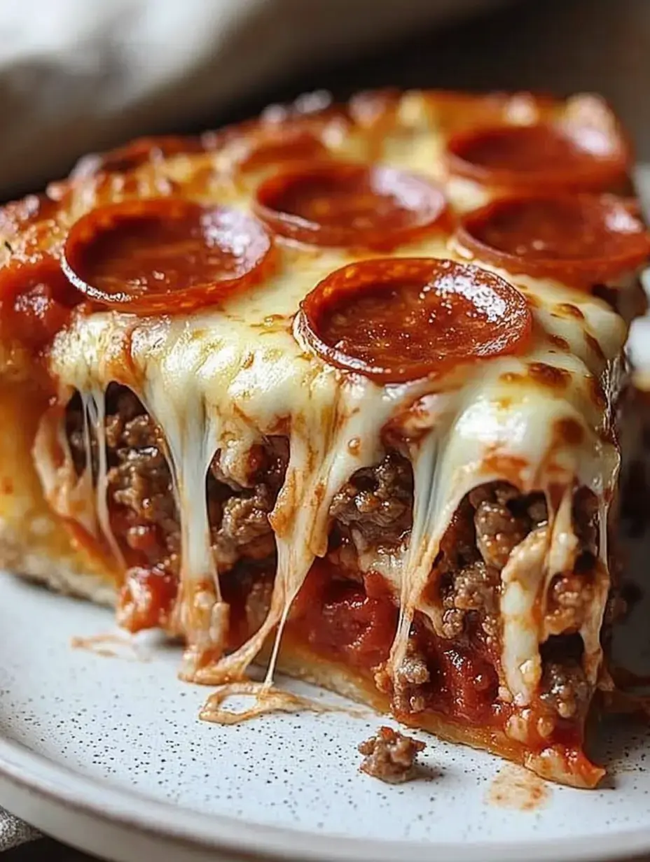One portion of pepperoni pizza featuring melty cheese and meat bits sits on a white speckled dinner plate.
