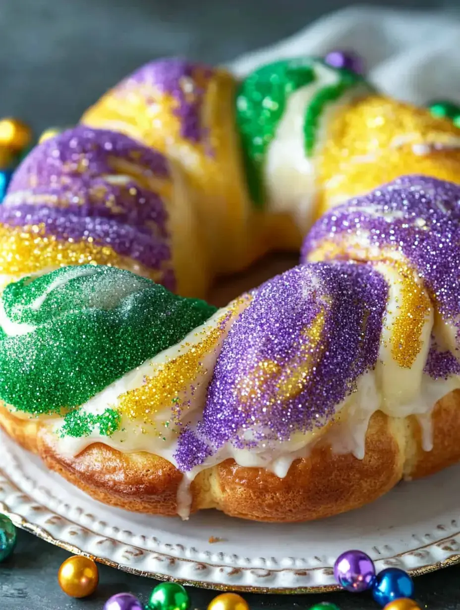 A colorful Mardi Gras king cake adorned with green, purple, and yellow sprinkles on a decorative plate, surrounded by festive beads.
