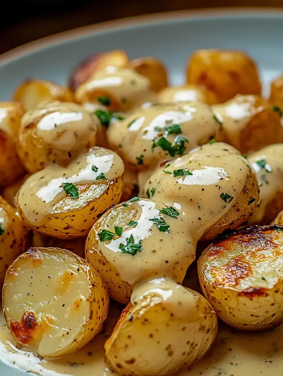 A closeup shot of tender baby potatoes coated in rich sauce with bright green herbs scattered throughout.