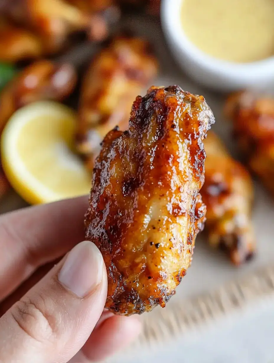 A close-up of a hand holding a perfectly cooked, glazed chicken wing with other wings and a slice of lemon in the background.