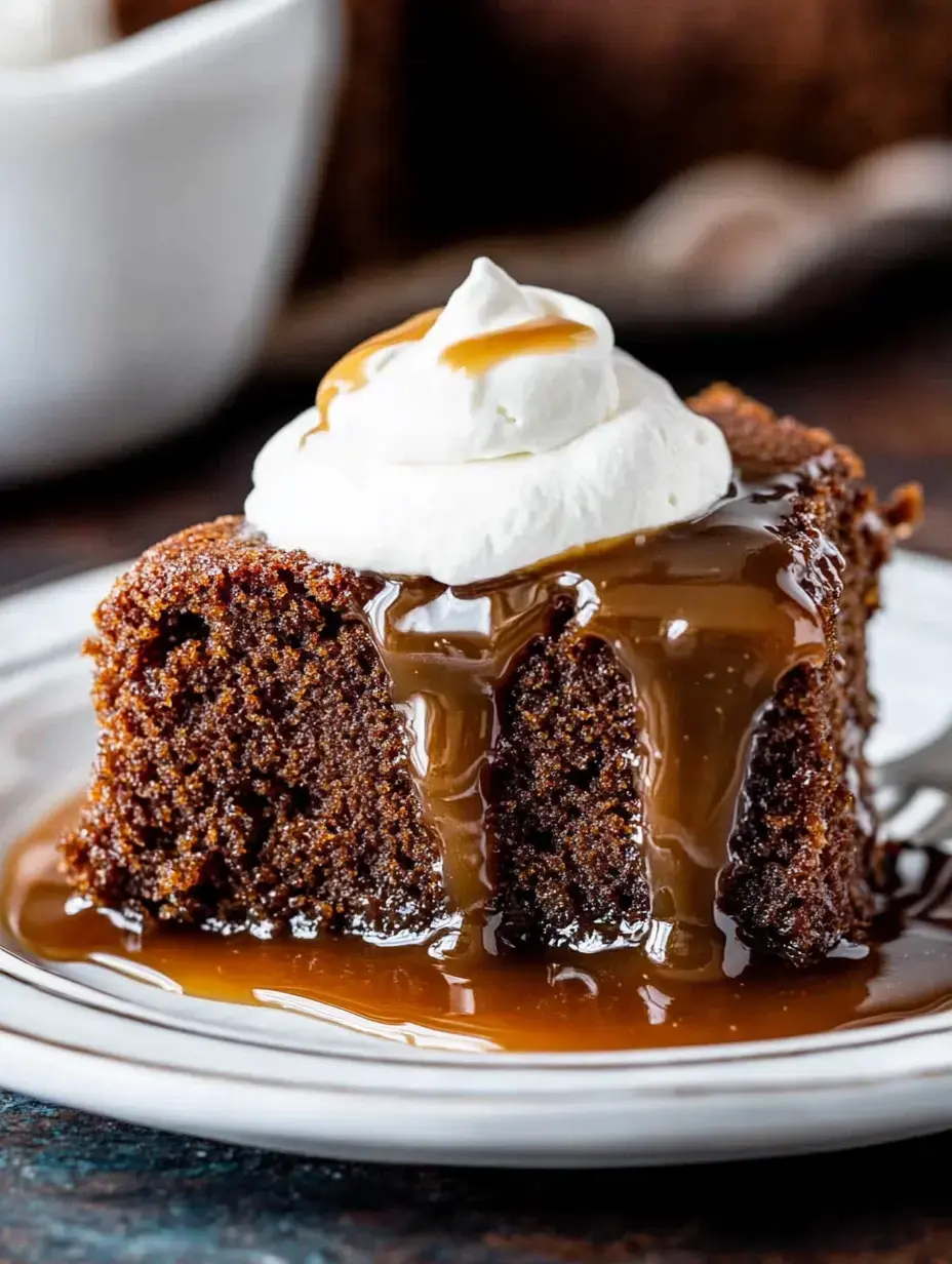 A portion of moist dark-colored cake with a dollop of whipped cream and caramel topping on a simple white dish.