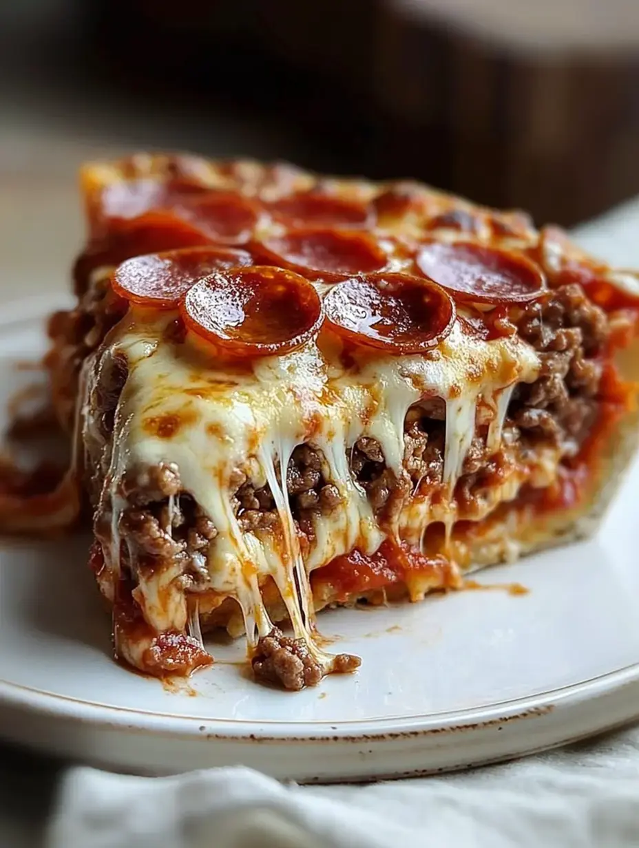 A wedge of stacked pizza contains pepperoni, stretchy cheese, and ground meat mixture, served on a plain white plate.