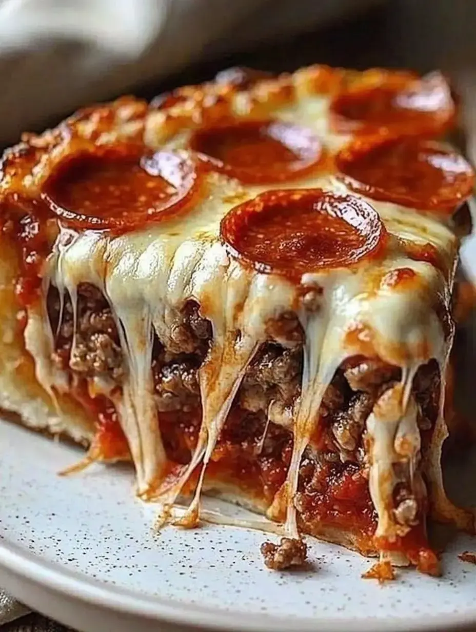 A portion of pizza loaded with pepperoni and seasoned beef shows stringy cheese pulling away as it's lifted from a white dinner plate.