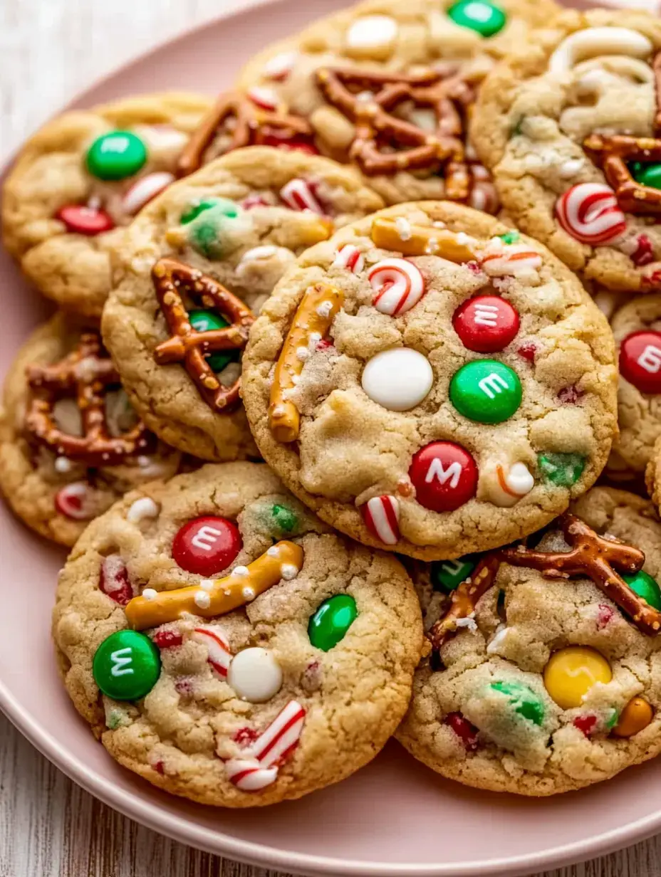 A close-up image of a plate full of colorful, decorated cookies featuring M&M's, pretzels, and festive candies.