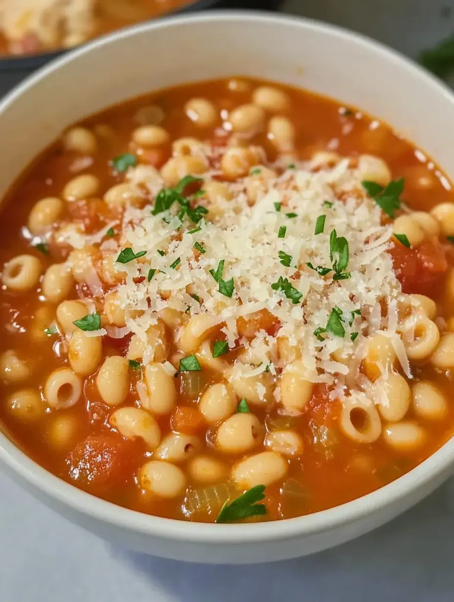 A bowl of pasta in tomato soup garnished with grated cheese and chopped parsley.