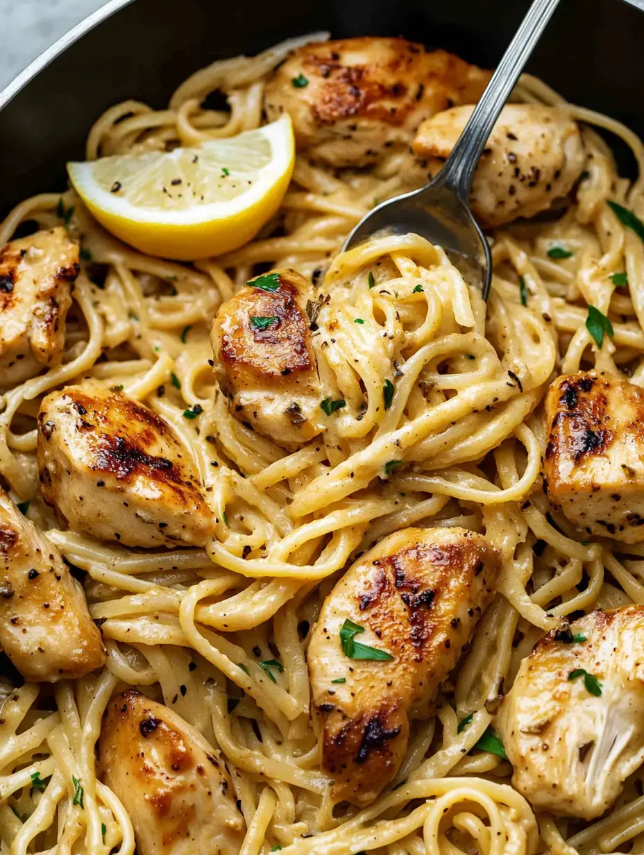 Creamy linguine with chunks of golden chicken and a lemon slice, topped with fresh herbs.