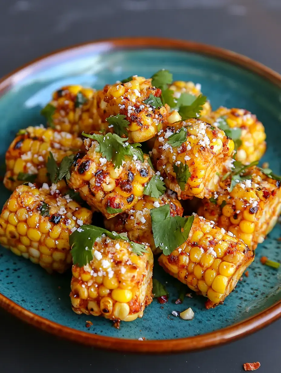 A vibrant plate of grilled corn cubes topped with fresh cilantro and cheese.