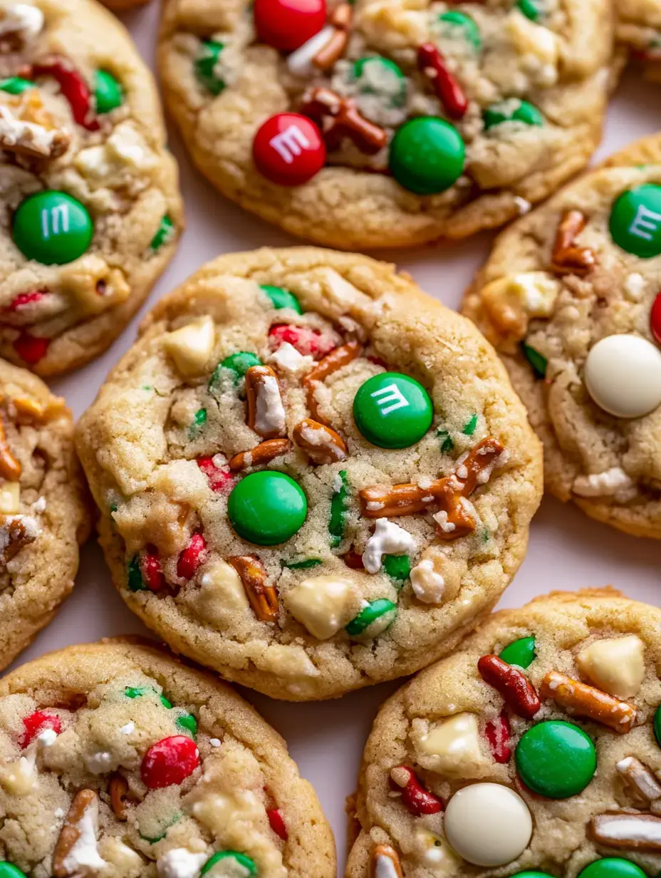 A close-up of freshly baked cookies decorated with red and green M&M's, pretzel pieces, and white chocolate chips.