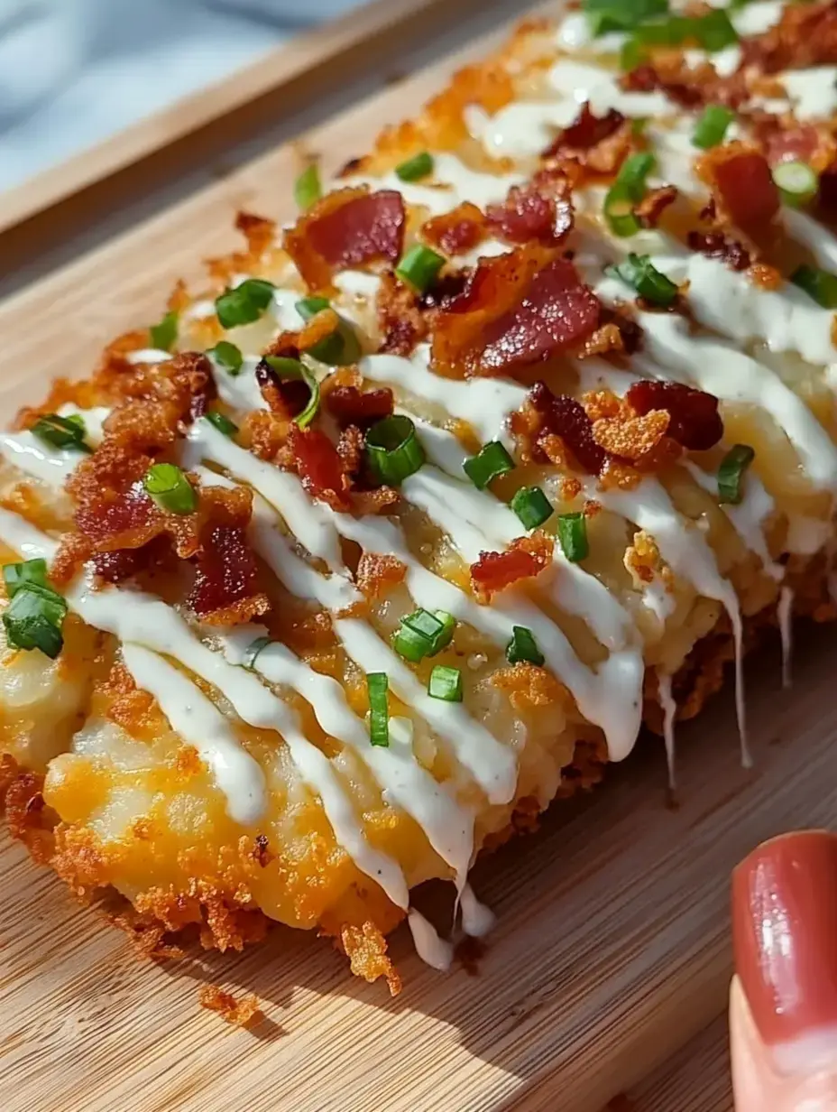 A zoomed-in view of a crispy, baked creation garnished with bacon pieces, green onions, and topped with a white sauce, sitting on a wooden serving board.