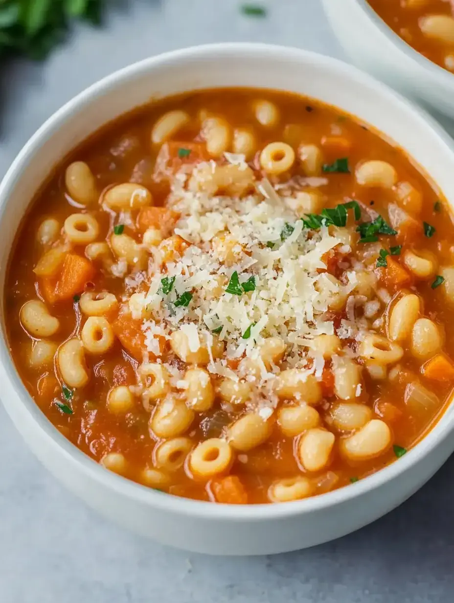 A bowl of hearty vegetable and pasta soup topped with grated cheese and herbs.