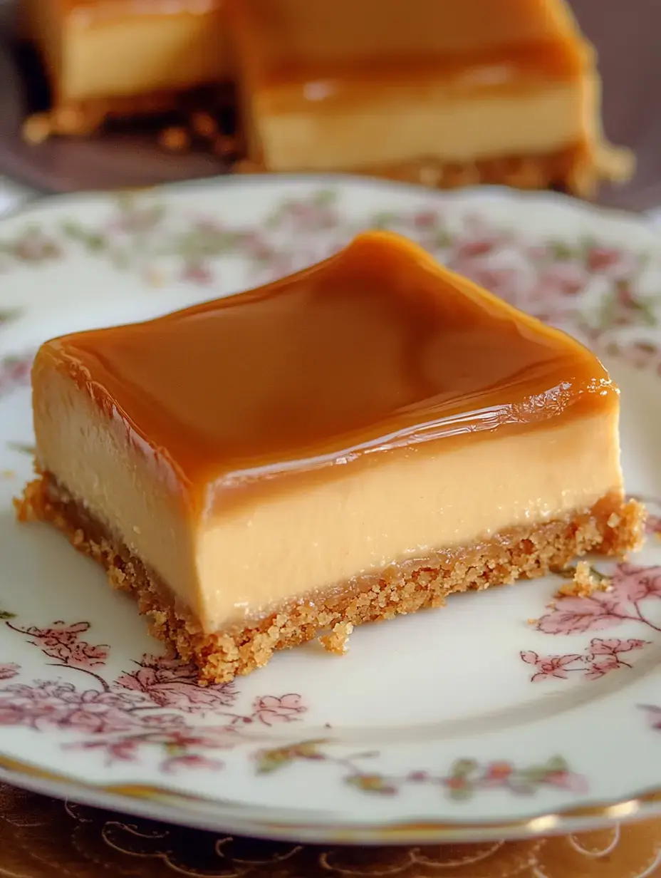 A slice of creamy caramel dessert on a decorative plate, showcasing a smooth top layer and a crumbly crust.