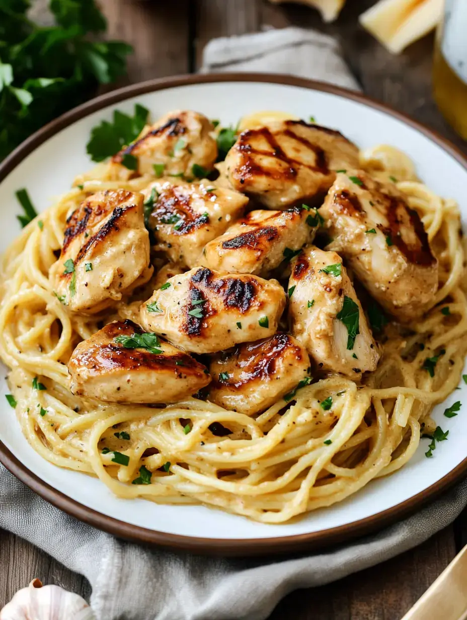 Steaming pasta topped with golden chicken pieces and fresh green herbs.