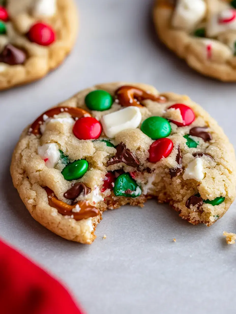 A close-up of a cookie with a bite taken out, featuring colorful M&M's, chocolate chips, and pretzel pieces against a light background.