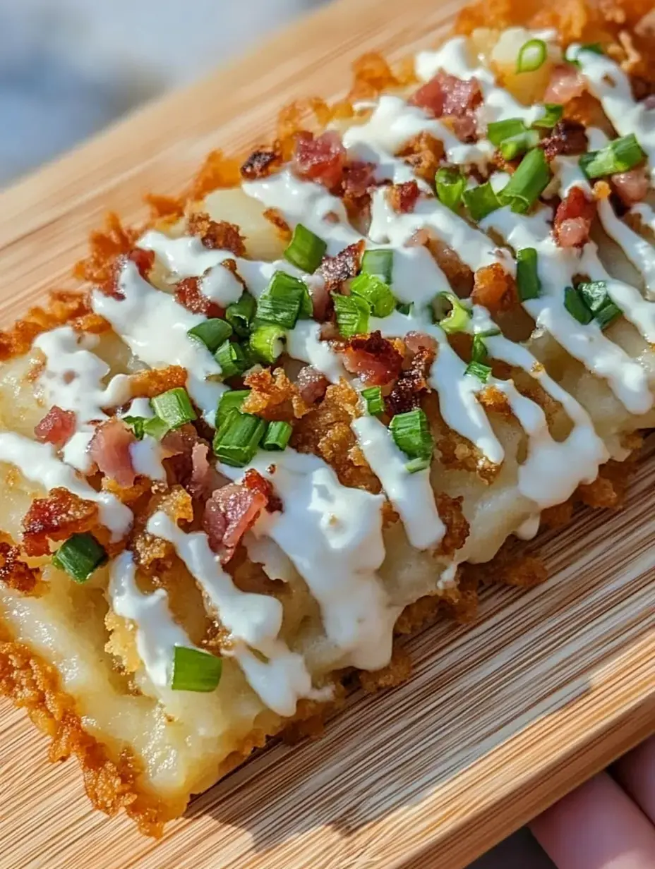 A mouthwatering square dish with crispy potato base, decorated with bacon chunks, chopped green onions, and drizzled with white sauce, presented on a wooden serving board.