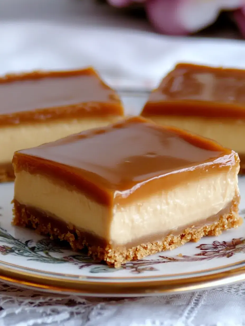 A close-up of three pieces of layered caramel dessert with a creamy filling on a decorative plate.