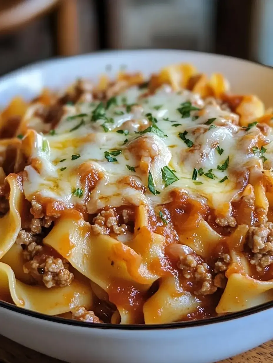 A steaming bowl of pasta covered with meat sauce, melted cheese, and fresh parsley sprinkles.