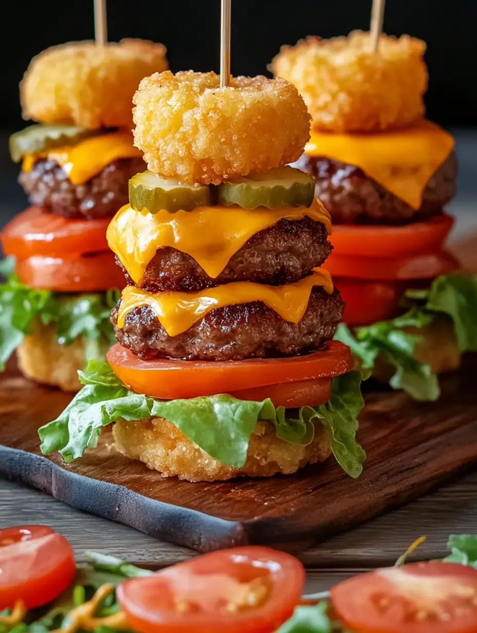 A massive burger stack with double meat patties, melty cheese, pickles, tomatoes, lettuce, and a crunchy onion ring on top, displayed on a wooden serving plate.