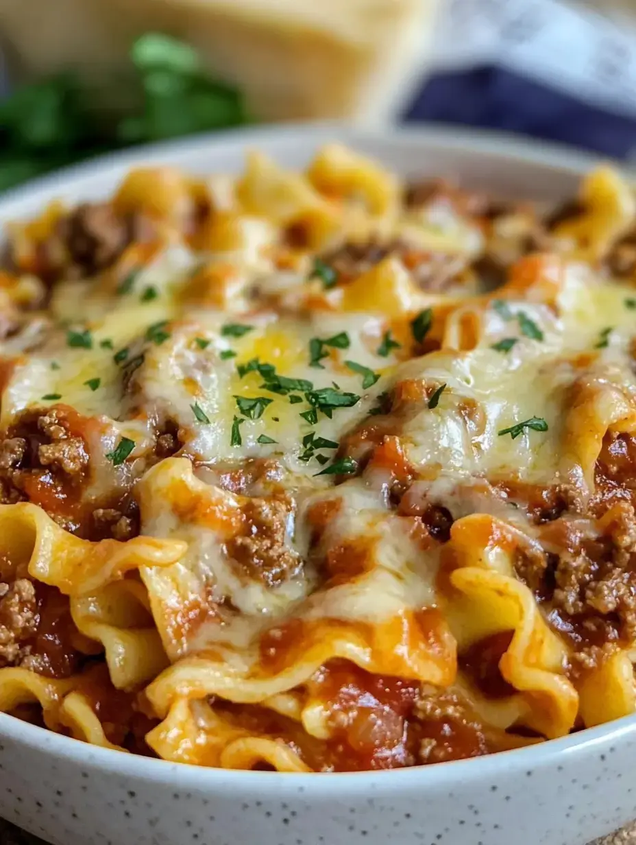 A hearty bowl of cheesy pasta with layers of meat sauce and fresh parsley garnish.