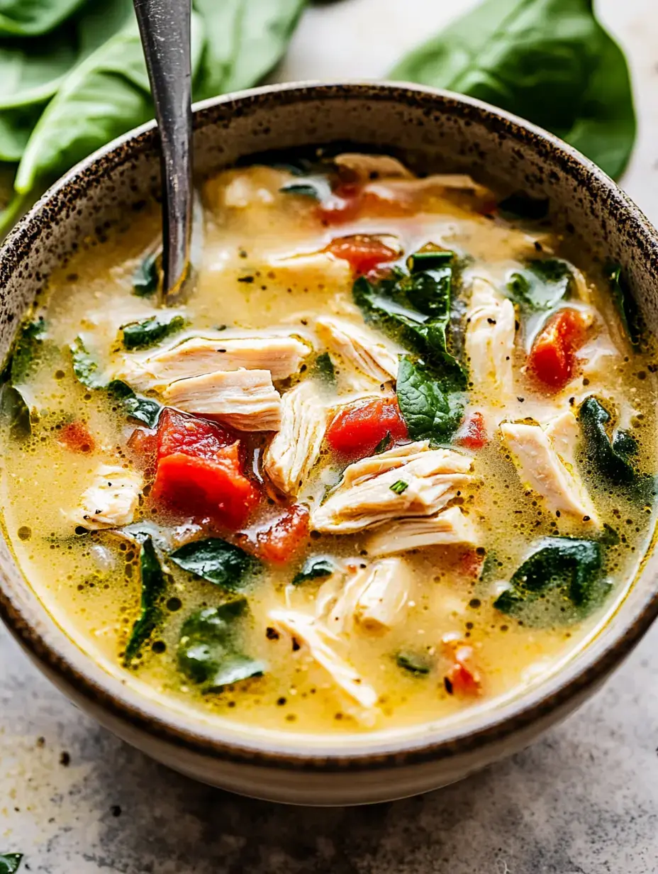 A detailed view of chicken soup with leafy greens and tomato chunks, garnished with herbs and accompanied by a spoon.