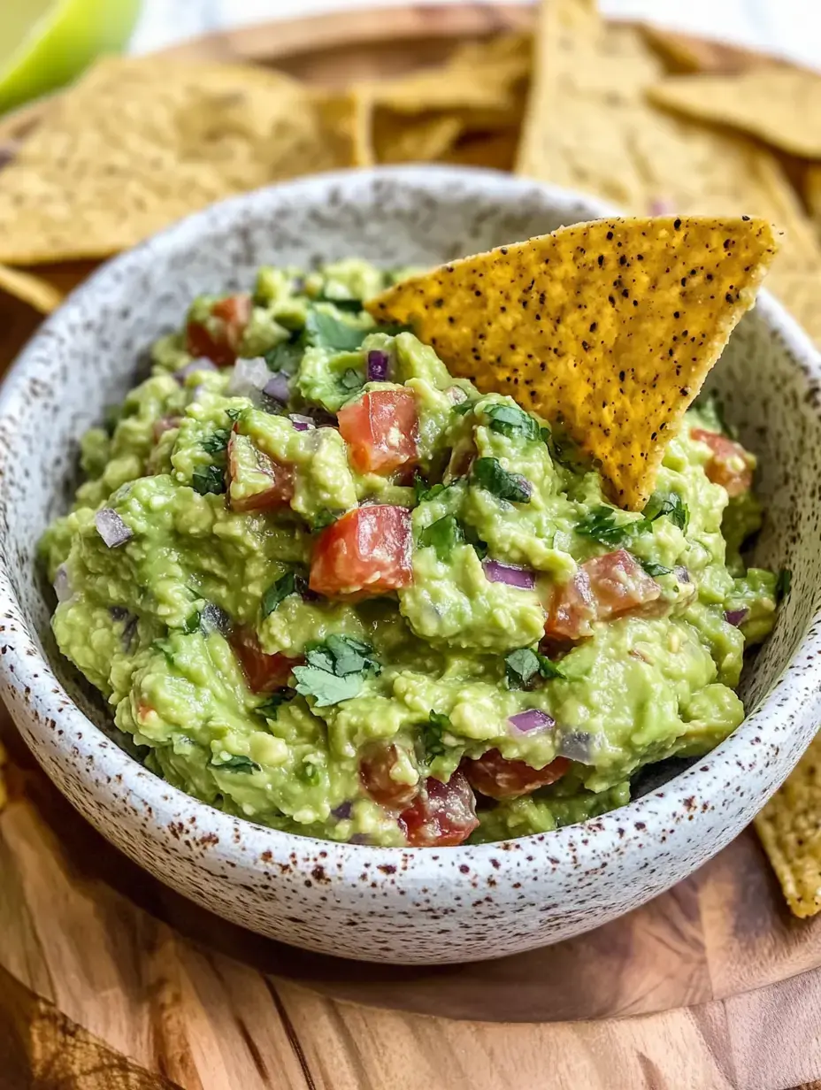 A bowl of guacamole with diced tomatoes and cilantro, accompanied by a tortilla chip for dipping, sits on a wooden platter with additional chips in the background.
