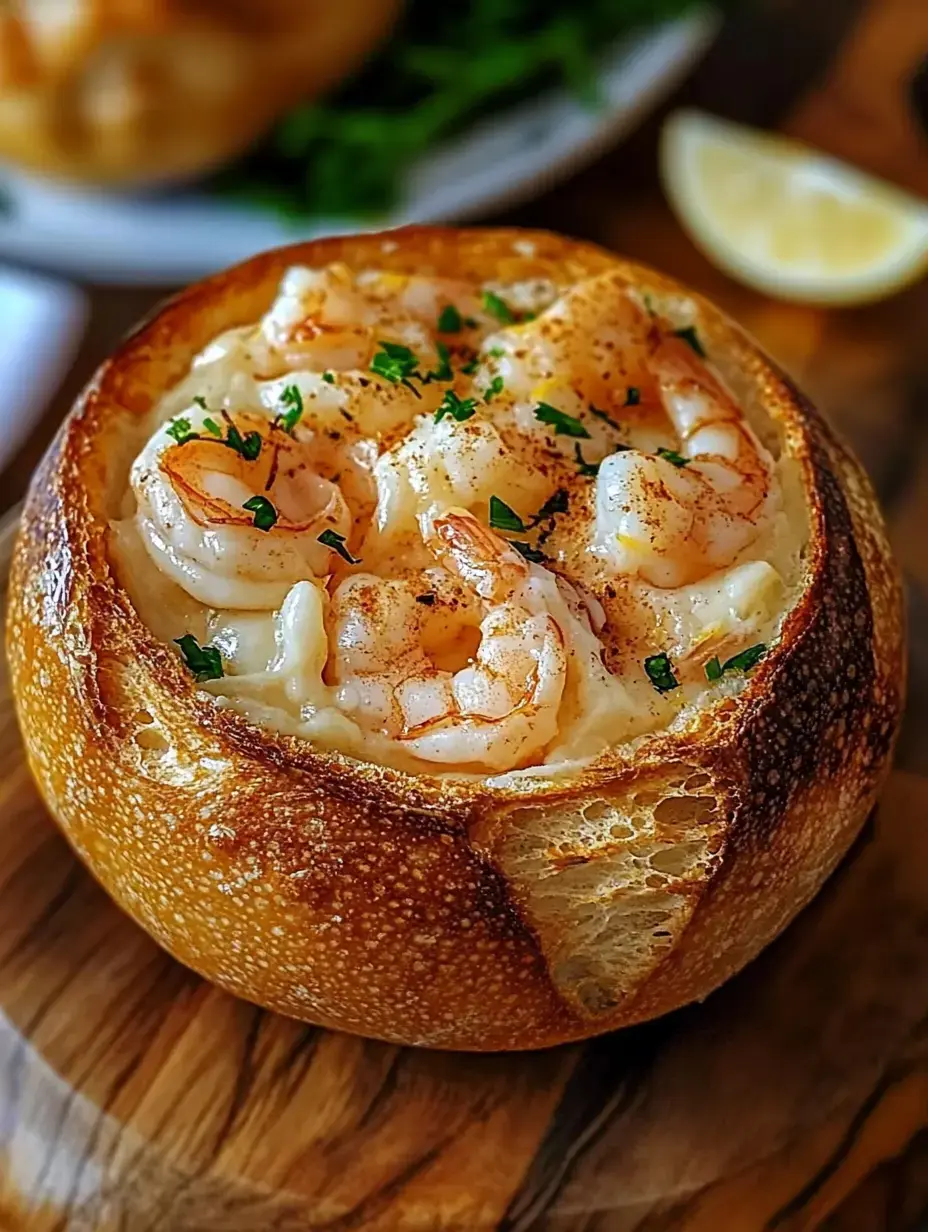 A freshly baked bread bowl filled with creamy shrimp and garnished with parsley and spices.