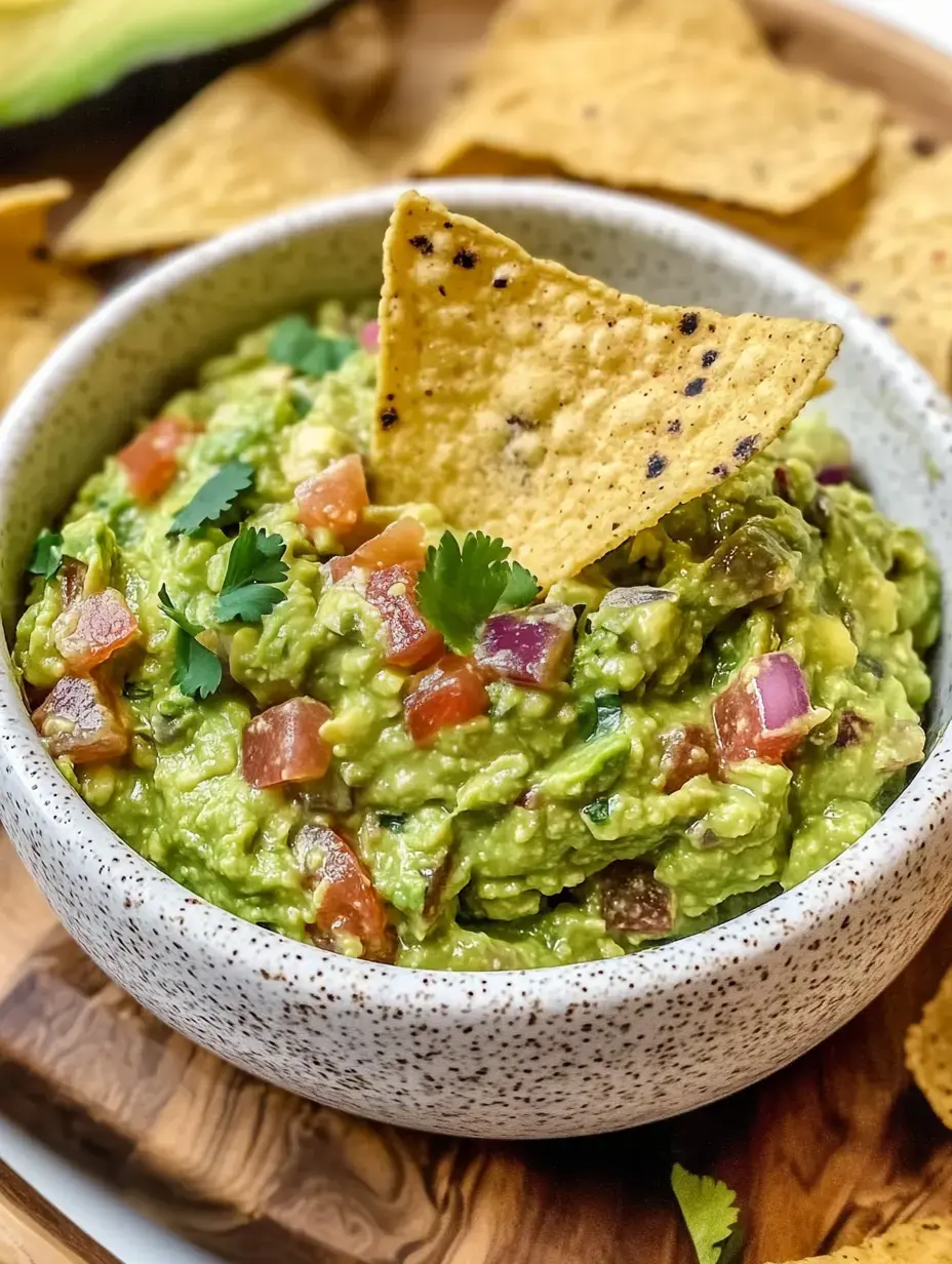 A bowl of guacamole topped with a tortilla chip and garnished with fresh cilantro and diced tomatoes, surrounded by additional tortilla chips.
